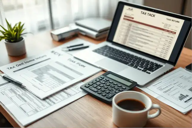 accounting and tax in albany, auckland, new zealand with picture of accountants desk, with all tools, calculator, laptop and coffee.